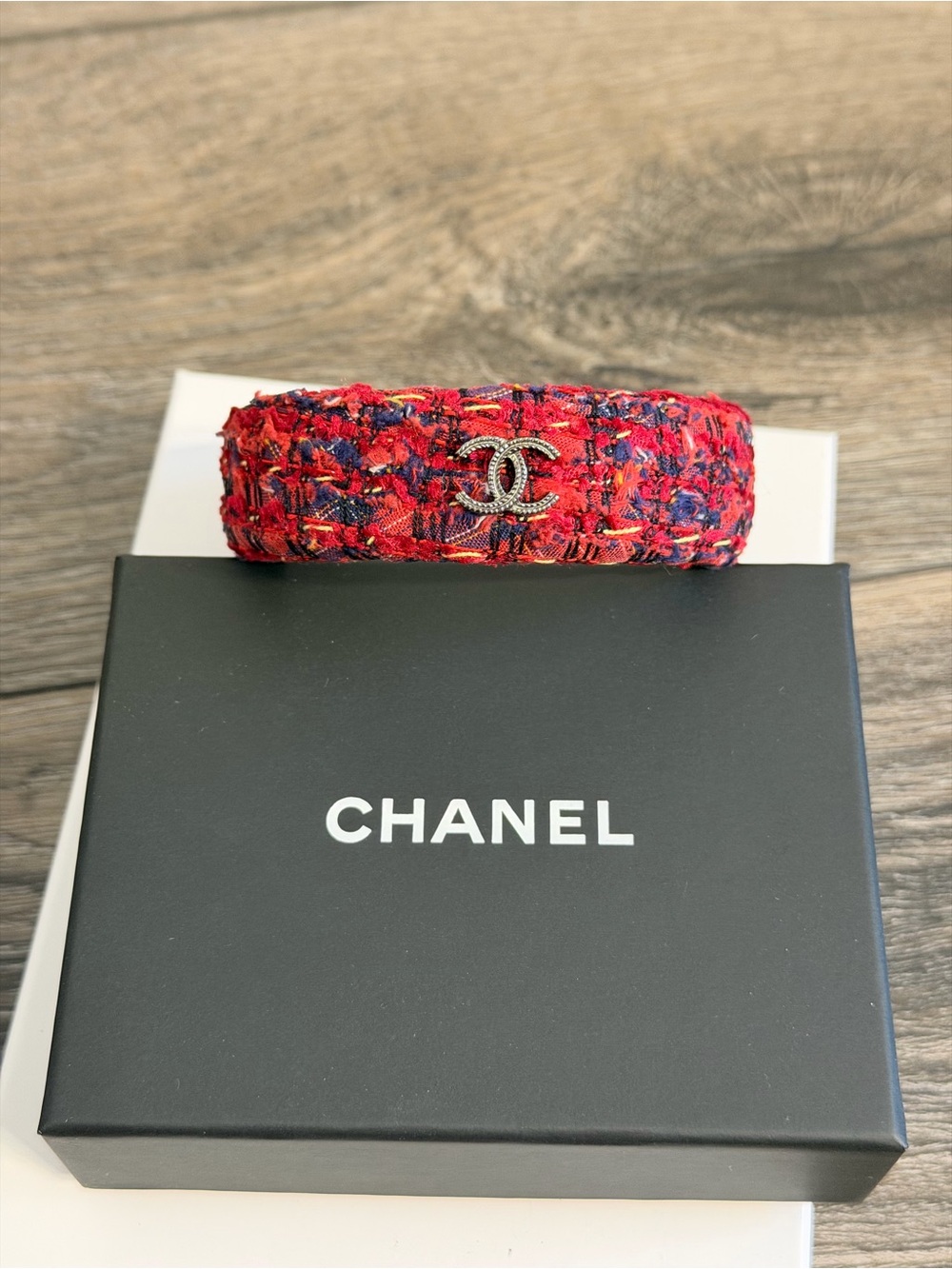 CHANEL Red Tweed CC Logo Bangle Bracelet